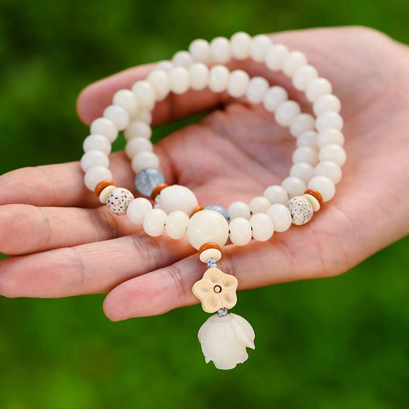 Bracelet de bénédiction Bodhi Lotus en jade blanc tibétain Buddha Stones
