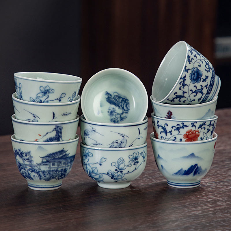 Buddha Stones Paysage bleu Montagnes Lotus Chat mignon Pavillons Magnolia Roseaux Aigrettes Tasse à thé en céramique Petite tasse à thé Kung Fu