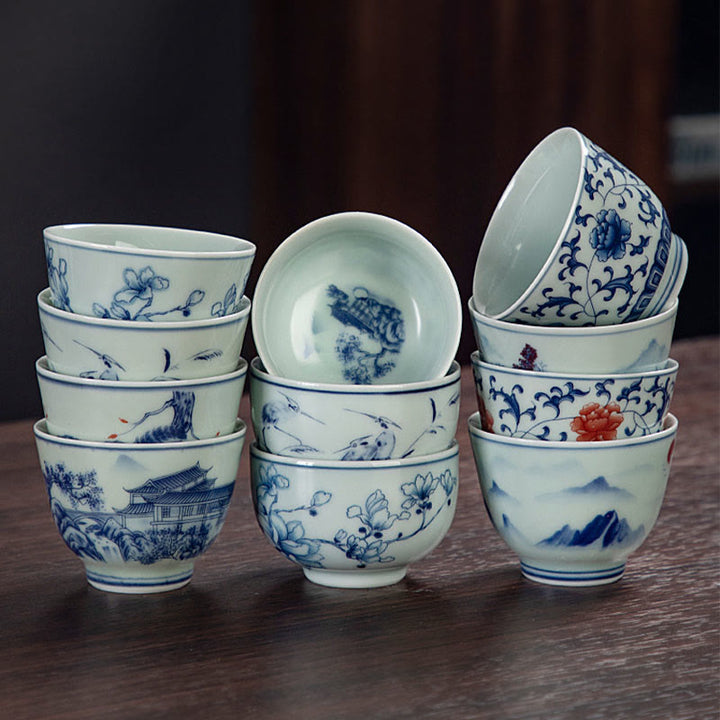 Buddha Stones Paysage bleu Montagnes Lotus Chat mignon Pavillons Magnolia Roseaux Aigrettes Tasse à thé en céramique Petite tasse à thé Kung Fu