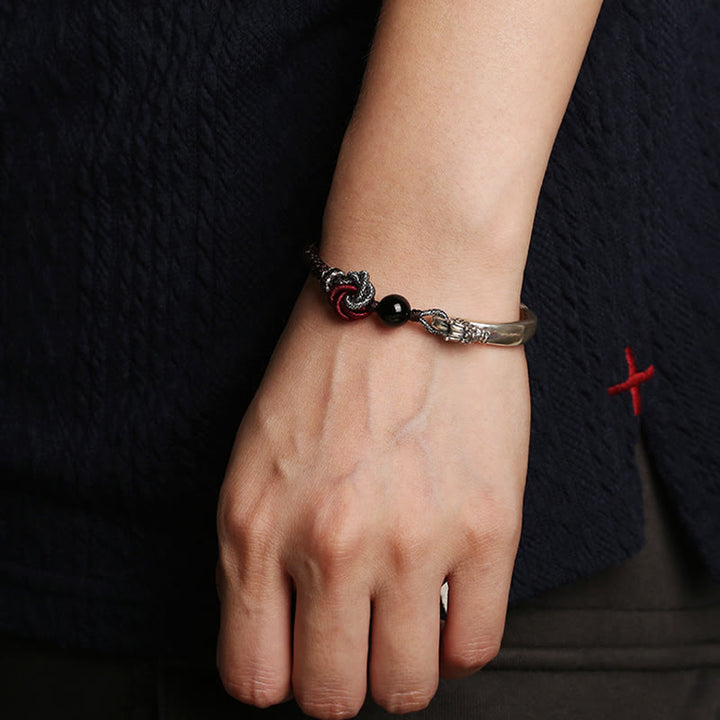 Bracelet tressé artisanal en argent sterling 925 Buddha Stones et dragon porte-bonheur