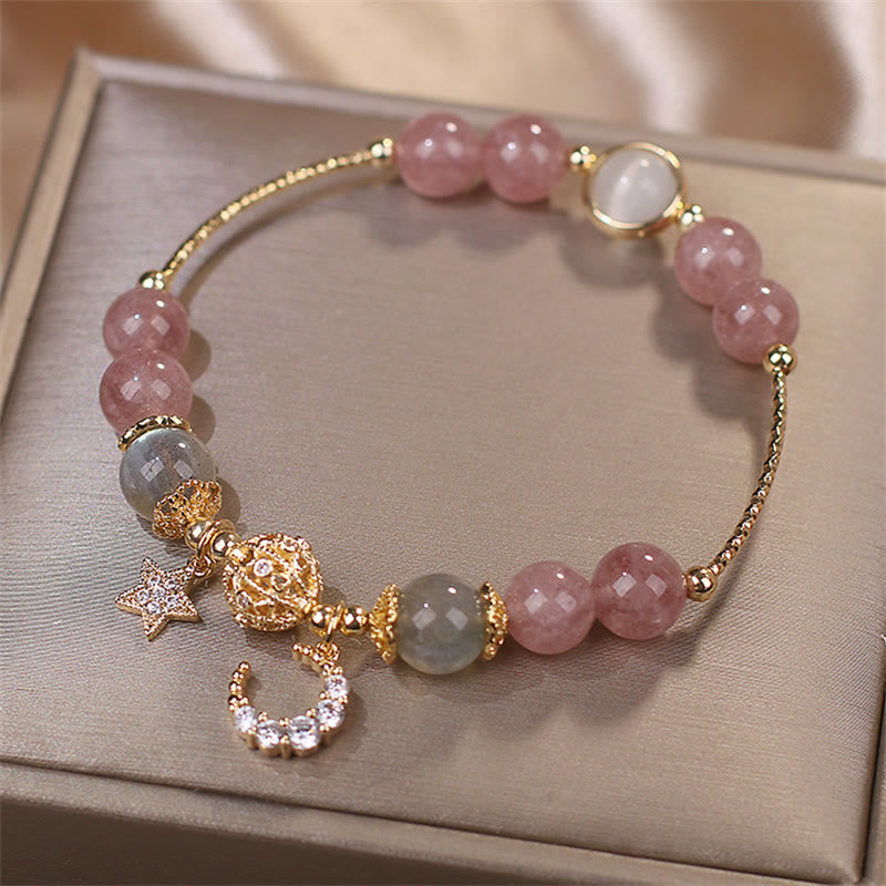 Bracelet d'amour en pierre de lune, étoile et lune en quartz fraise et Buddha Stones - image 5