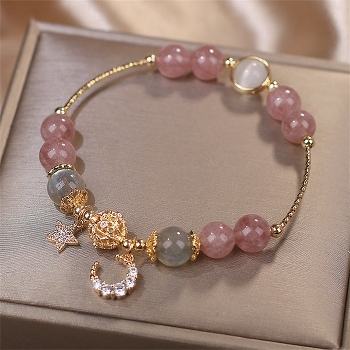 Bracelet d'amour en pierre de lune, étoile et lune en quartz fraise et Buddha Stones