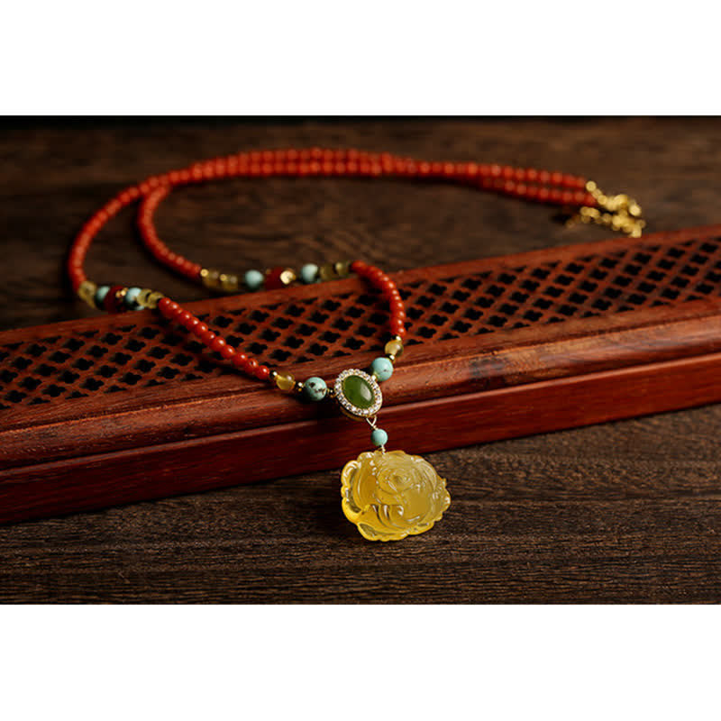 Collier pendentif en argent sterling 925 avec agate rouge naturelle et pivoine