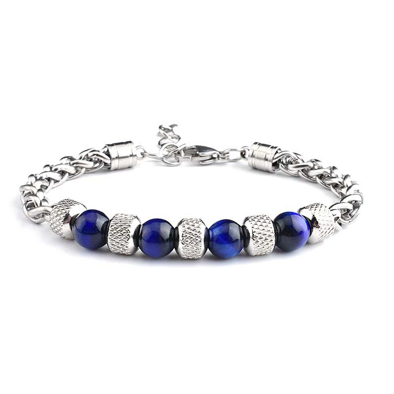 Bracelet courageux en perles d'onyx noir et œil de tigre Buddha Stones - Œil de tigre bleu 8 mm - image 5