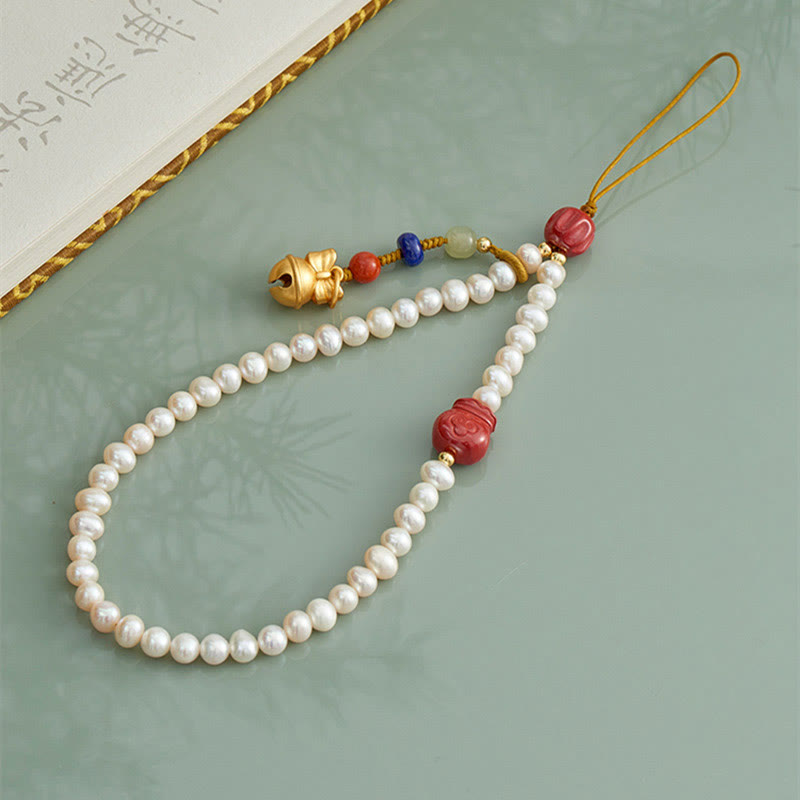 Buddha Stones Perle Naturelle Cinabre Sac d'argent Cloche Or Bête Avalante Lion Dansant Guérison Téléphone Décoration Suspendue