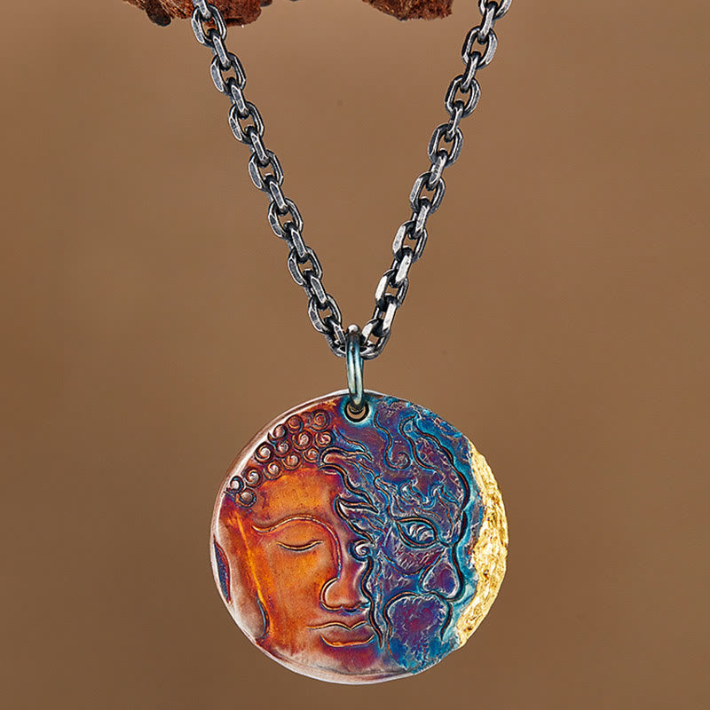 Collier pendentif de compassion moitié démon moitié bouddha en argent sterling 999 et or 24 carats avec Buddha Stones