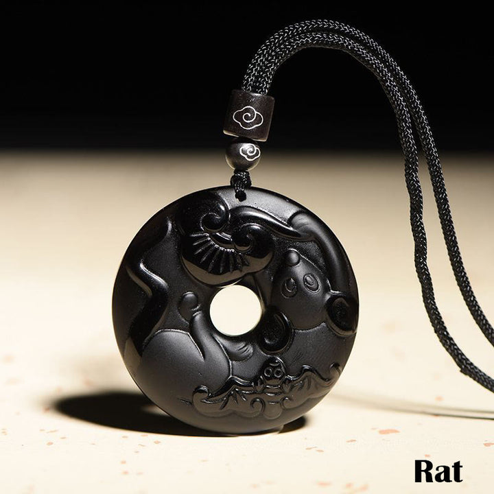 Collier avec pendentif en obsidienne noire naturelle et Buddha Stones du zodiaque chinois - Rat - image 13