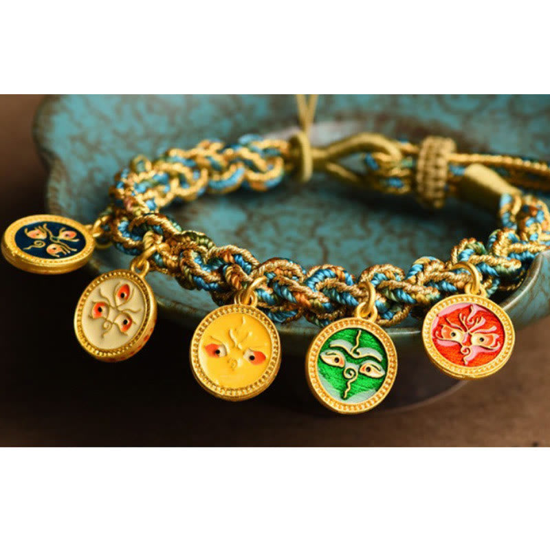 Bracelet en corde tressée fait main avec Buddha Stones tibétaines représentant les cinq dieux de la richesse et de la chance