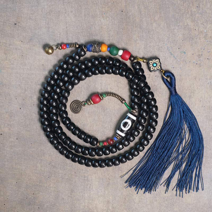 Buddha Stones Mala 108 perles en bois d'ébène et perles Dzi en cuivre avec pampilles et équilibre