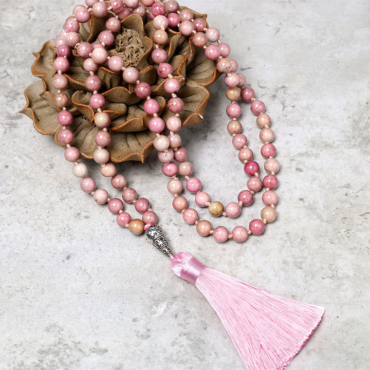 Bracelet de prière de méditation et de yoga en perles de rhodonite de 108 Mala Buddha Stones