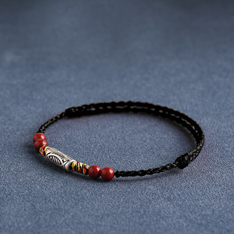 Bracelet de cheville tressé artisanal en argent sterling 925 avec perles de cinabre et poisson koï de Buddha Stones