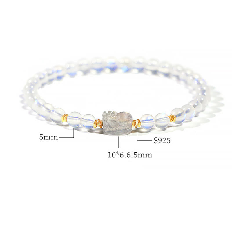 Bracelet de guérison PiXiu en pierre de lune naturelle en argent sterling 925 plaqué or avec Buddha Stones
