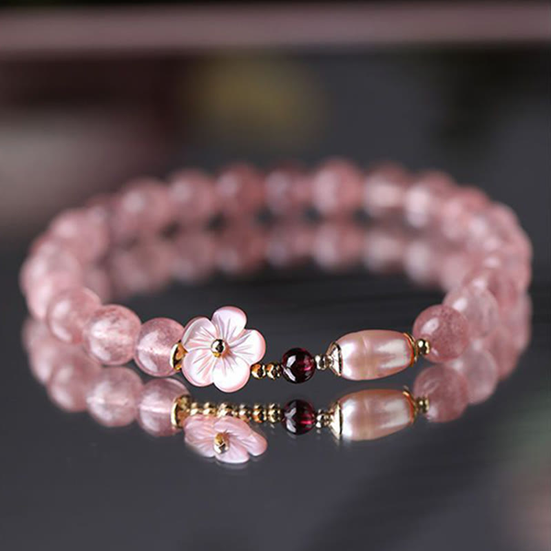 Bracelet d'amour en quartz fraise et fleur de pêcher Buddha Stones