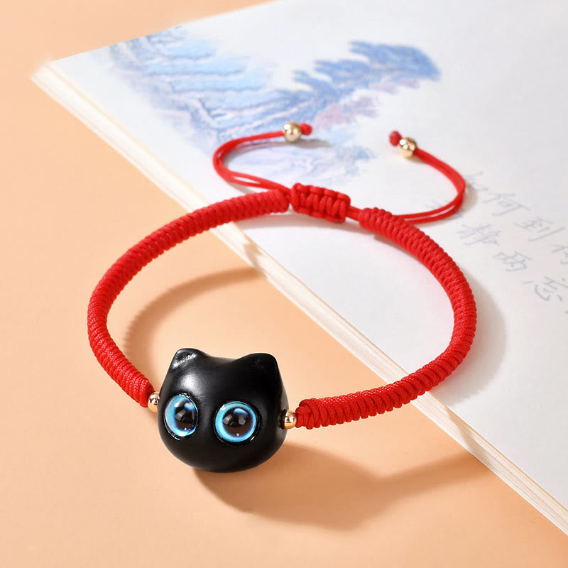 Bracelet tressé en bois d'ébène avec tête de chat et Buddha Stones - Corde rouge (tour de poignet 14-18 cm) - image 9