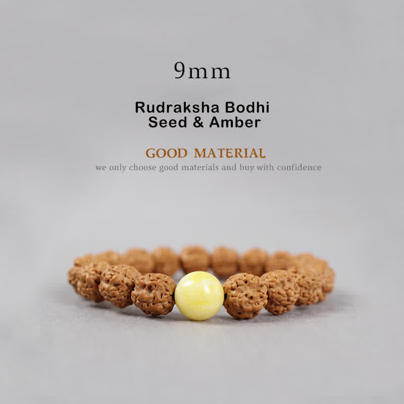 Bracelet de richesse en Buddha Stones tibétaines Rudraksha Bodhi Seed Dzi Bead Amber Turquoise - 9 mm - Graine de Rudraksha Bodhi et ambre - image 2