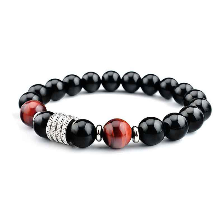 Bracelet de force et d'accomplissement en obsidienne noire naturelle œil de tigre Buddha Stones - Obsidienne noire et œil de tigre rouge - Cordon élastique (tour de poignet : 17 cm) - image 9