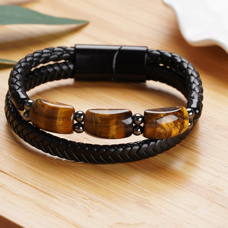 Bracelet en cuir avec boucle magnétique et protection naturelle de l'œil de tigre et des Buddha Stones