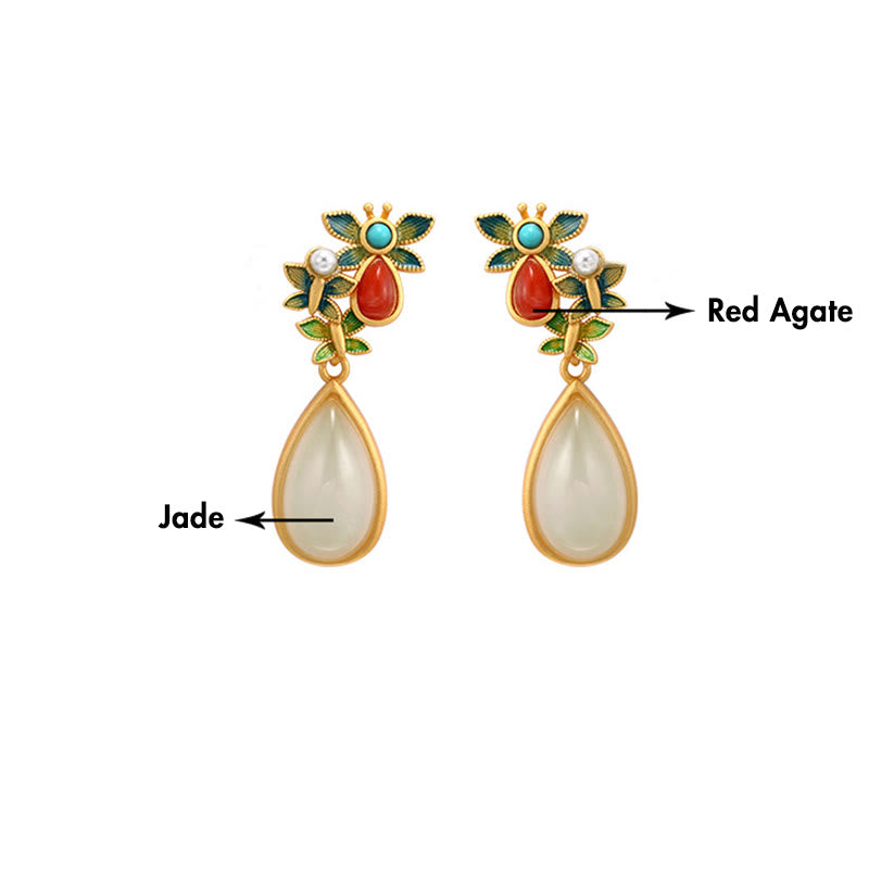 Boucles d'oreilles pendantes en forme de goutte d'eau Buddha Stones, jade blanc, agate rouge, papillon, protection