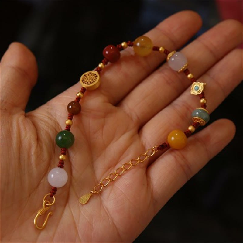 Bracelet porte-bonheur en argent sterling 925 avec cristaux d'agate rouge et d'ambre en jade Hetian naturel