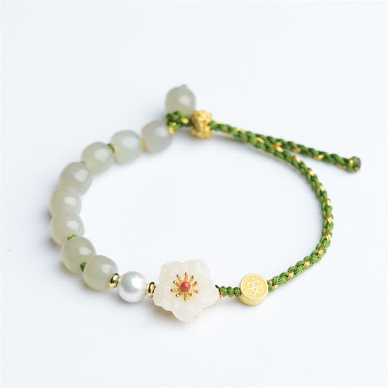 Bracelet porte-bonheur en argent sterling 925 avec jade naturel Hetian et fleur de pêcher