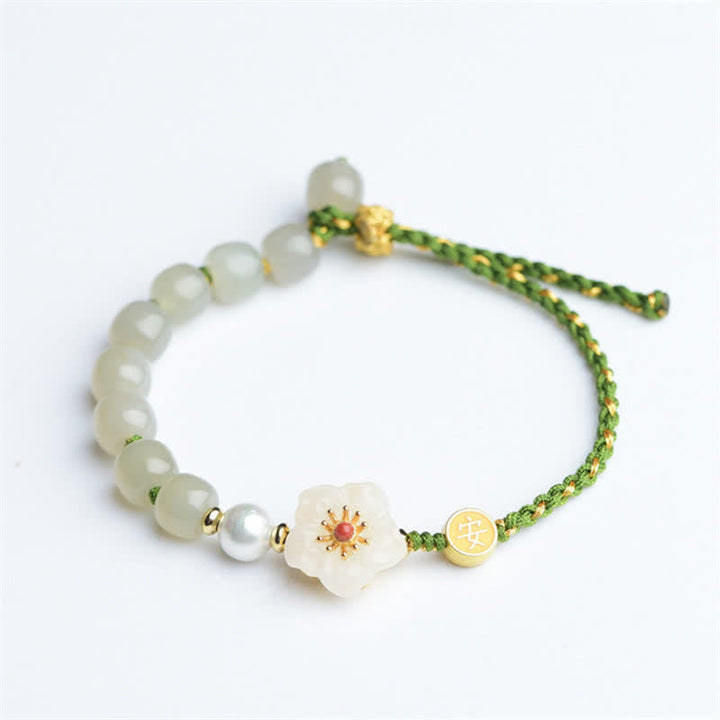 Bracelet porte-bonheur en argent sterling 925 avec jade naturel Hetian et fleur de pêcher