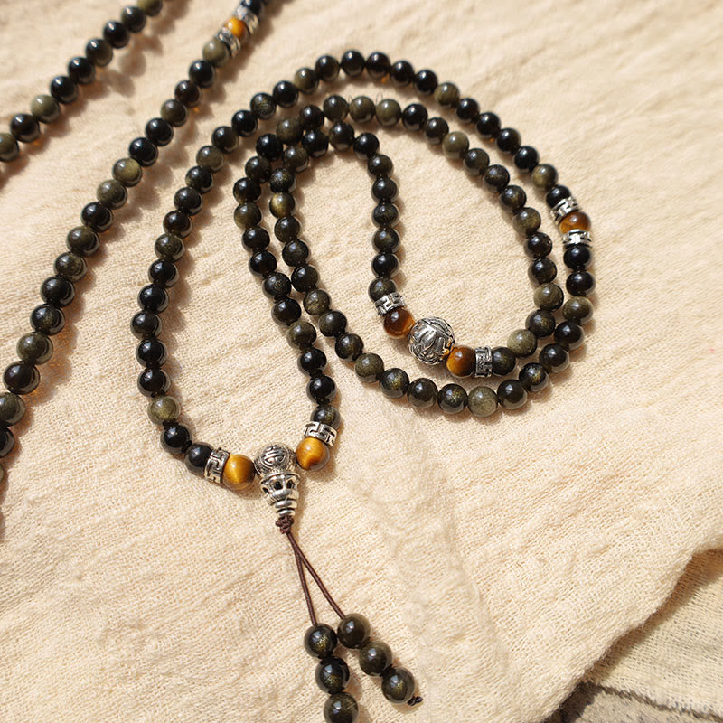Collier Bracelet Énergie Obsidienne Dorée