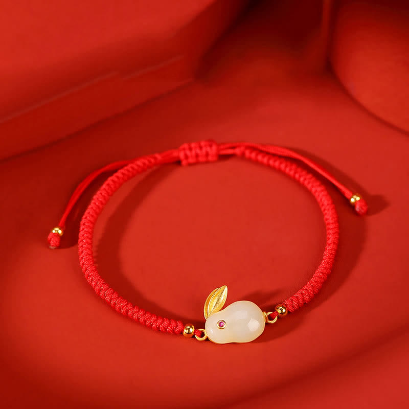 Bracelet de protection en fil rouge en jade blanc Hetian de l'année du lapin en argent sterling 925 Buddha Stones - Jade blanc de Hetian (Protection ♥ Bonheur) (Tour de poignet 14-20 cm) - image 0