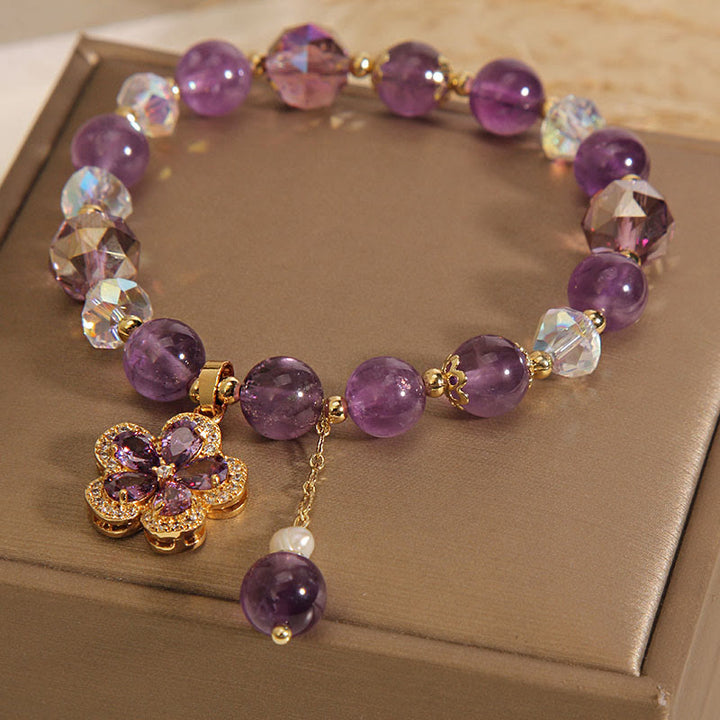 Bracelet de transformation positive avec breloque en forme de fleur et perle d'améthyste naturelle