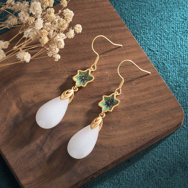 Boucles d'oreilles pendantes porte-bonheur en jade blanc Feng Shui Buddha Stones