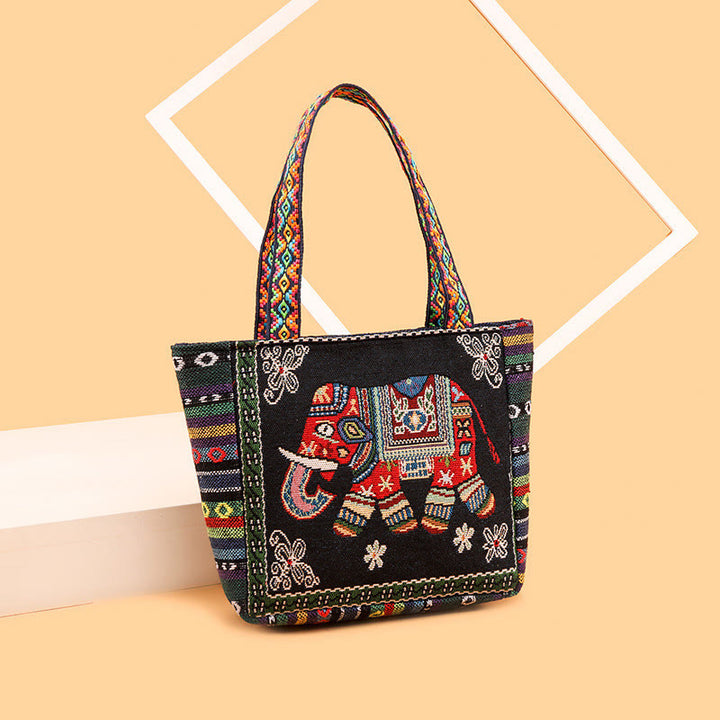 Sac fourre-tout en toile brodé de grande capacité avec Buddha Stones, éléphant et papillon