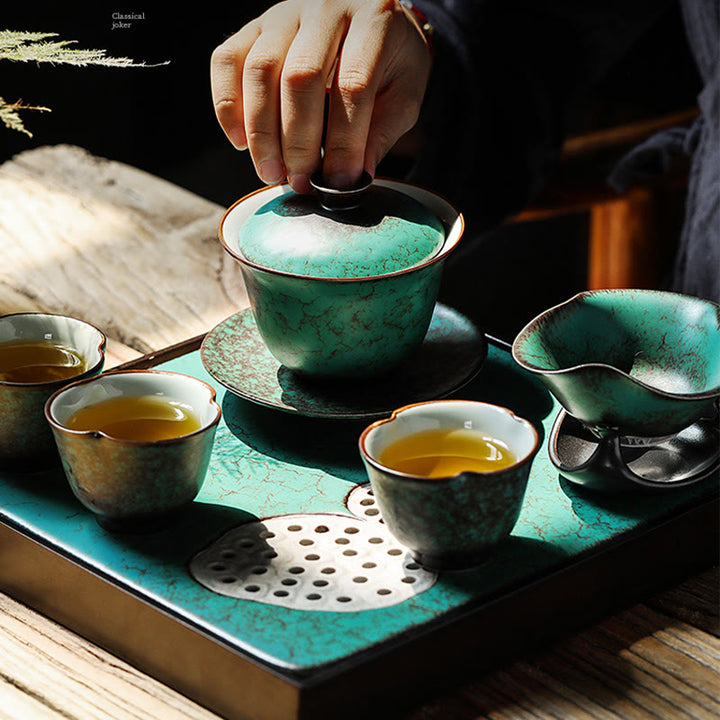 Tasse à thé et soucoupe en céramique émaillée verte rétro Buddha Stones Gaiwan Sancai Tasse à thé Kung Fu et soucoupe avec couvercle