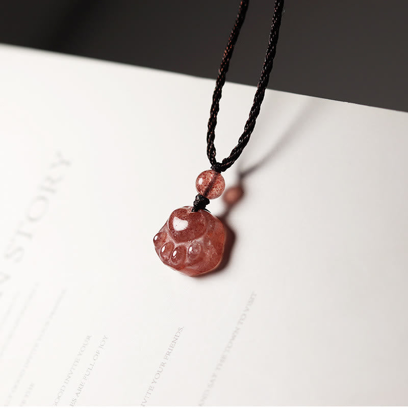 Collier pendentif de guérison en forme de patte de chat avec quartz fraise et Buddha Stones - Quartz fraise (Amour ♥ Guérison) - image 1