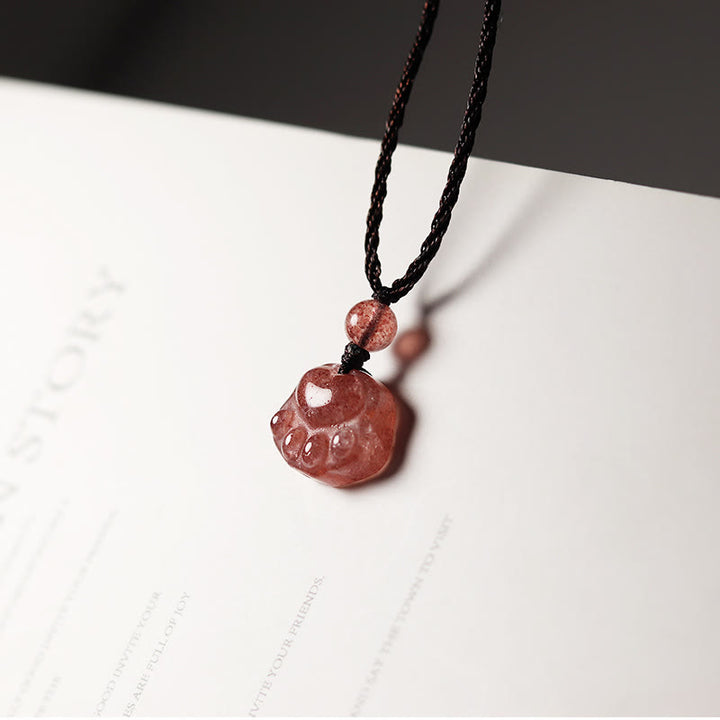 Collier pendentif de guérison en forme de patte de chat avec quartz fraise et Buddha Stones - Quartz fraise (Amour ♥ Guérison) - image 1