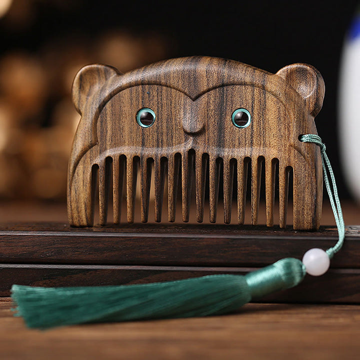 Mini peigne portable en bois de santal vert avec symbole du zodiaque chinois - Bois de Chacate Preto - Singe - image 15