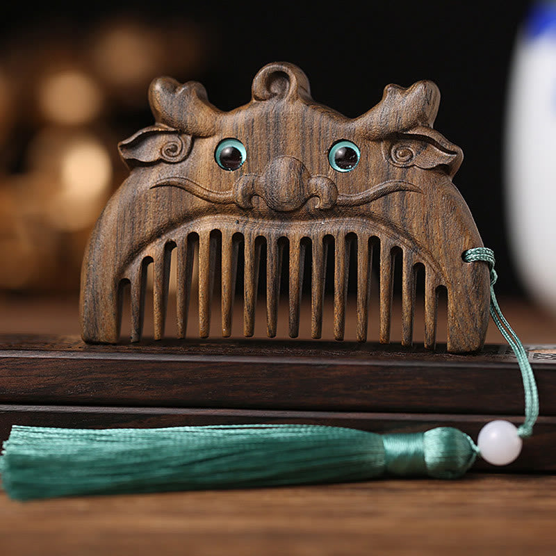 Mini peigne portable en bois de santal vert avec symbole du zodiaque chinois - Bois de Chacate Preto - Dragon - image 11