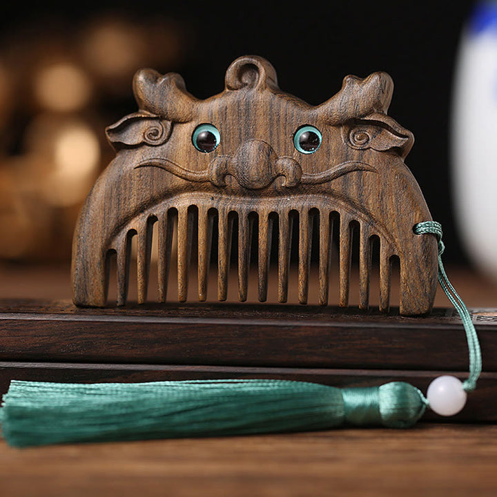 Mini peigne portable en bois de santal vert avec symbole du zodiaque chinois - Bois de Chacate Preto - Dragon - image 11