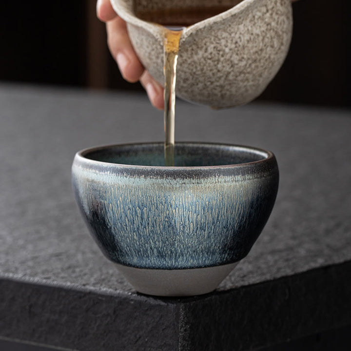 Tasse à thé en porcelaine vintage chinoise en argent bleu Jianzhan avec Buddha Stones