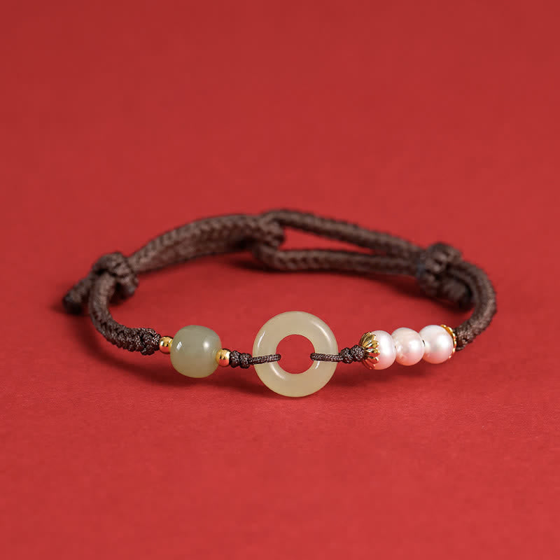 Bracelet porte-bonheur avec boucle de paix et perles de jade Hetian naturelles de Buddha Stones