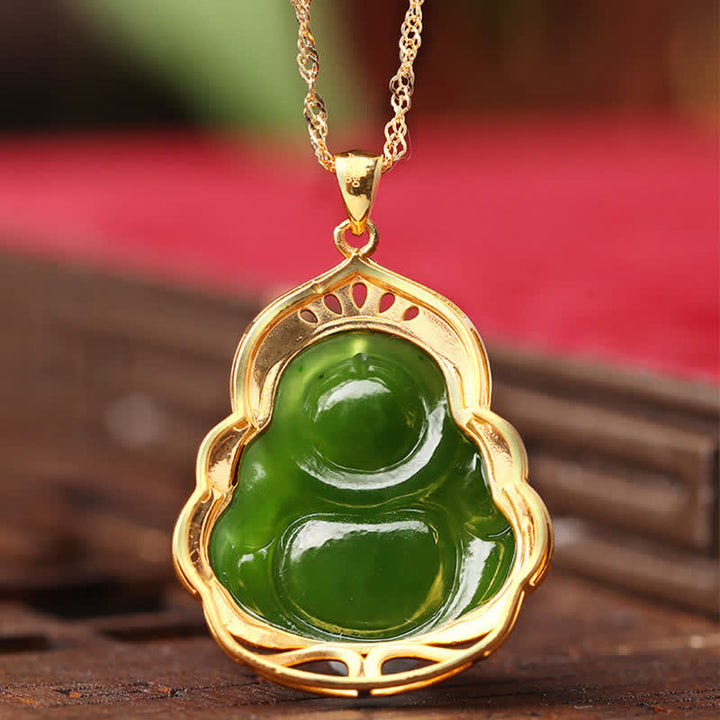 Collier pendentif en argent sterling 925 avec jade cyan naturel Hetian Bouddha rieur en or 18 carats - image 8