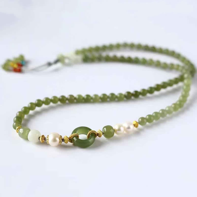 Bracelet en perles de jade Hetian et Buddha Stones avec boucle de paix, porte-bonheur et richesse