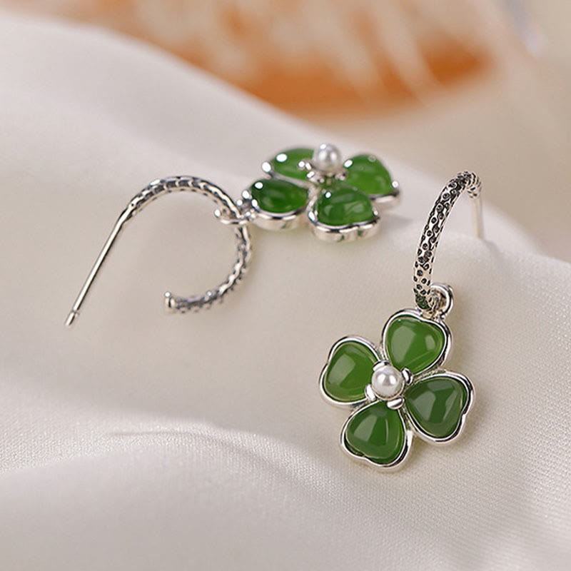Boucles d'oreilles trèfle à quatre feuilles en argent sterling 925 et jade cyan naturel avec pierres de Buddha Stones