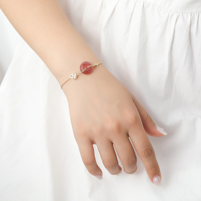 Bracelet d'amour avec boucle de paix et pièce de monnaie en quartz fraise et Buddha Stones