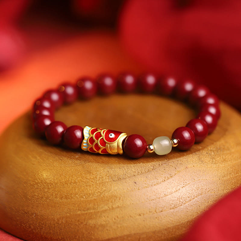 Bracelet de bénédiction en perles de jade Hetian en cinabre naturel avec Buddha Stones porte-bonheur Koi