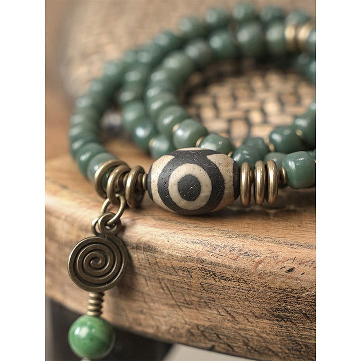 Bracelet triple tour en perles de Bodhi Dzi cyan avec perles de sagesse et de paix