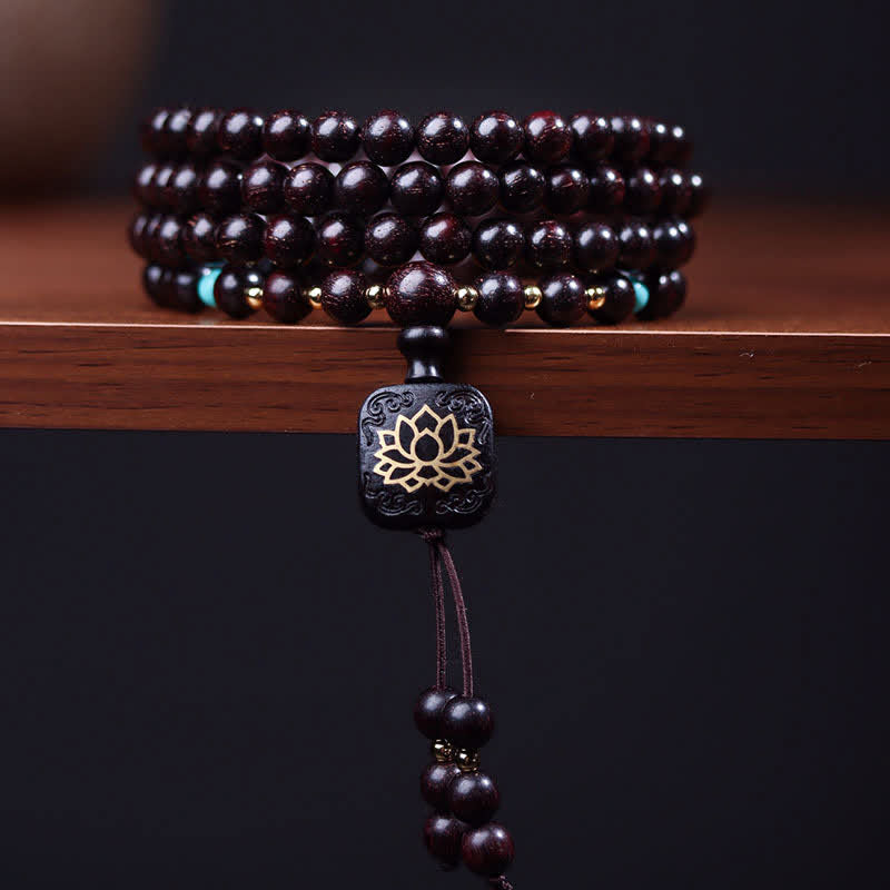Bracelet Mala 108 Buddha Stones tibétaines en bois de santal rouge et lotus avec petites feuilles - Santal rouge à petites feuilles - image 0