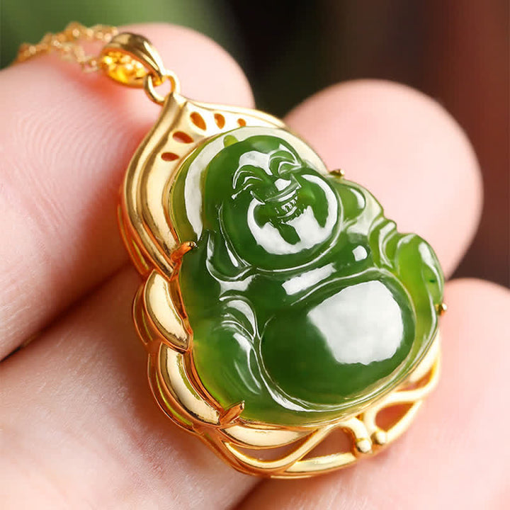 Collier pendentif en argent sterling 925 avec jade cyan naturel Hetian Bouddha rieur en or 18 carats - image 3