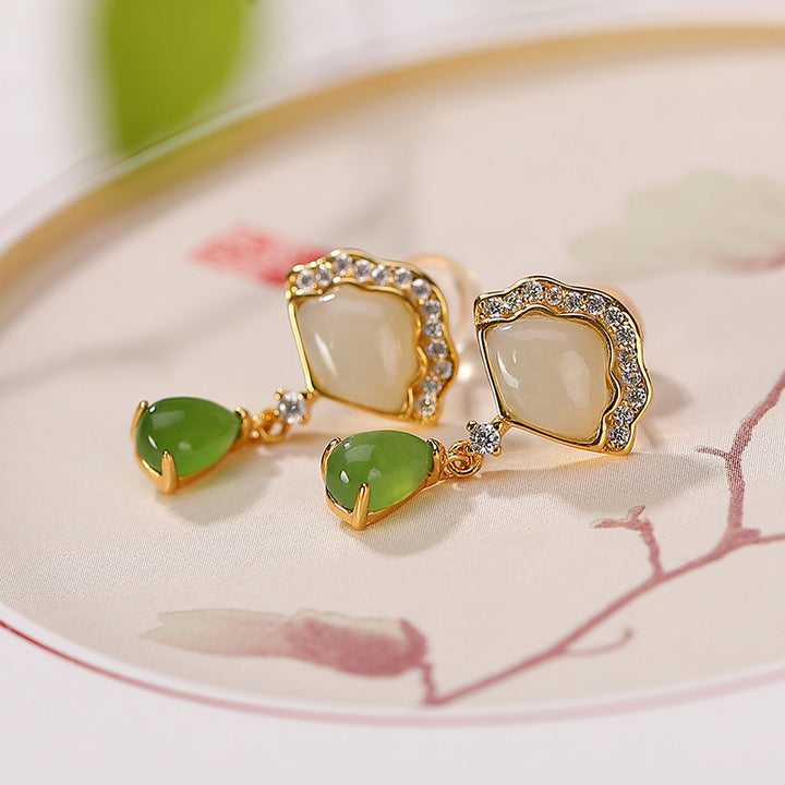 Boucles d'oreilles pendantes porte-bonheur en forme d'éventail en jade blanc et jade cyan Buddha Stones