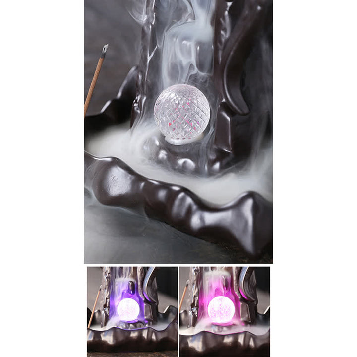 Fontaine à fumée à refoulement en céramique avec dragon nordique, brûleur d'encens de guérison et de méditation, décoration à boule LED
