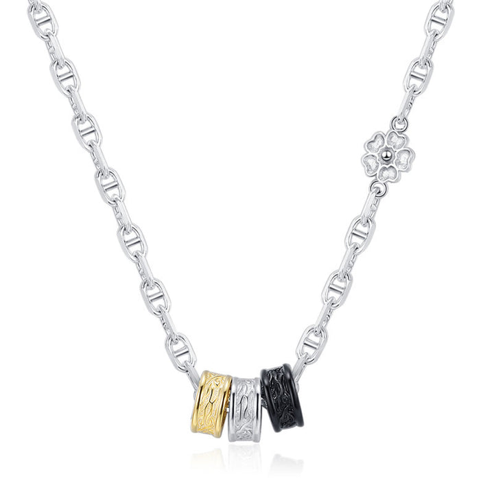 Collier avec pendentif en chaîne énergétique porte-bonheur en argent sterling 925 avec Buddha Stones et motif floral rétro de la dynastie Tang