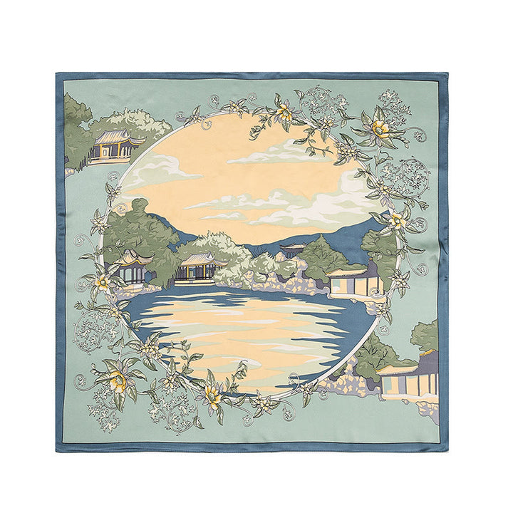 Foulard pour cheveux en soie de mûrier 100 % Buddha Stones et scène pastorale en montgolfière